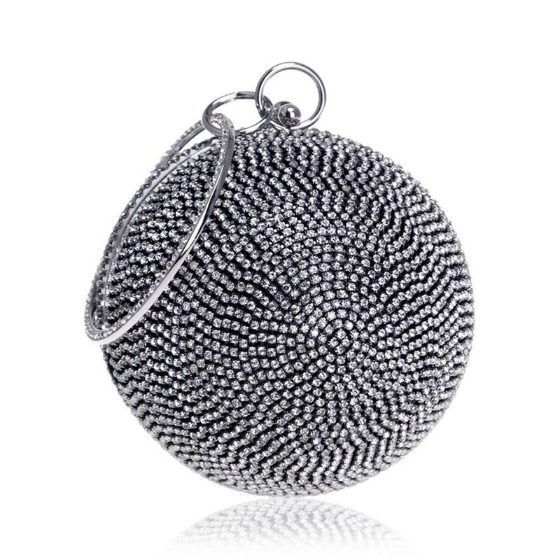 Tngan Ball Shape Clutch Purse Party Handbag Rhinestone Ring Handle Evening Bag Black White - Image 1